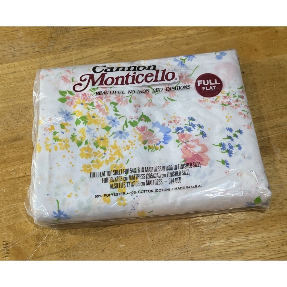 Vtg Cannon Monticello‎ Floral Print Full Flat Sheet  Garden Cottagecore Flowers